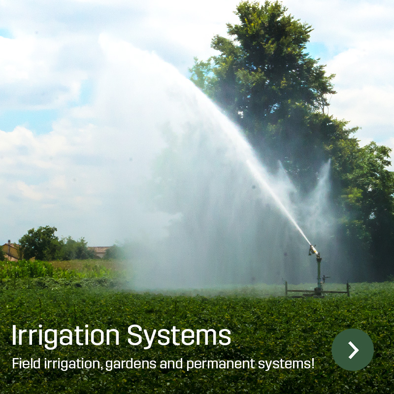 Irrigation sprinkler watering a cultivated field with a powerful stream of water. Part of Sagros range for irrigation systems used in field watering and fixed agricultural installations.
