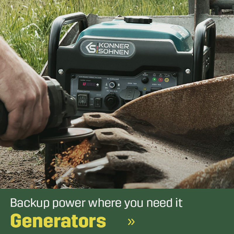 A portable generator stands outdoors behind a person using an angle grinder on a metal component. Sparks are visible during grinding. Sagros generator range covers equipment for supplying electricity where mains power is unavailable.