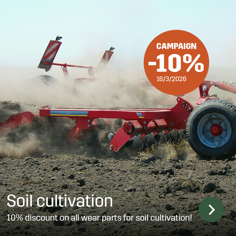 Tillage implement working in the field, with discs cutting into the soil and dust rising around the machine. Sagros wear parts for soil cultivation are used to keep harrows and cultivators operating throughout the farming season.