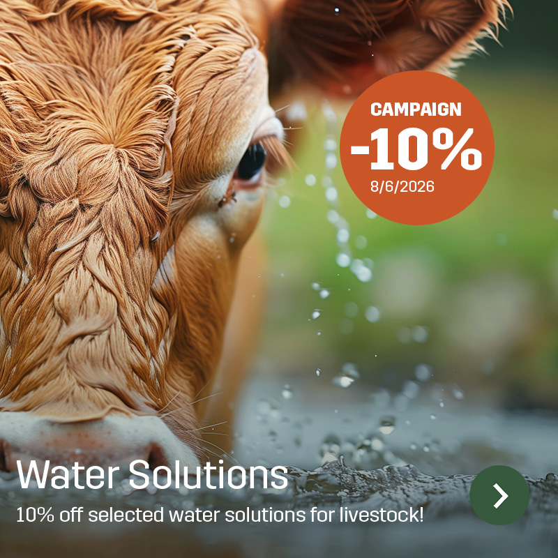 Close-up of a calf drinking water with splashing water in the foreground and campaign text about water solutions for animals. Sagros range of water solutions is shown in a setting connected to livestock farming.